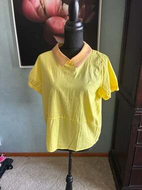 SooLinen Yellow Linen Short Sleeve Peplum Top with Sheer Collar Sz3 see measmts